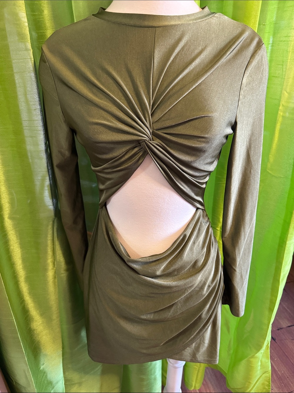 Olive Green Twist Cutout Long-Sleeve Dress
